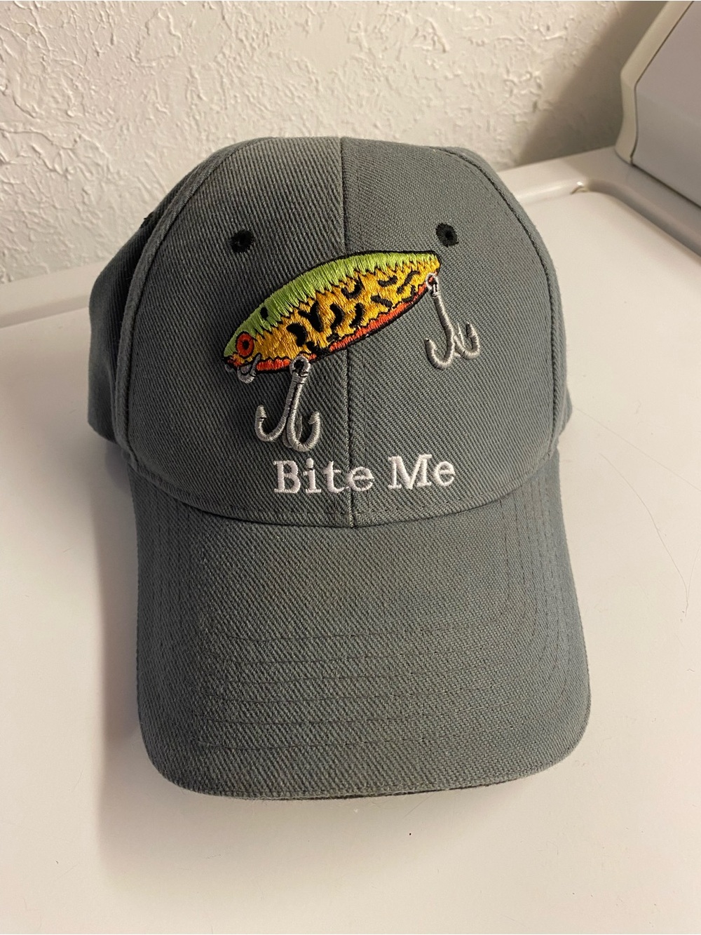 Cap USA Bite Me Fishing Lure Cap - Gray with Yellow/Green Embroidery